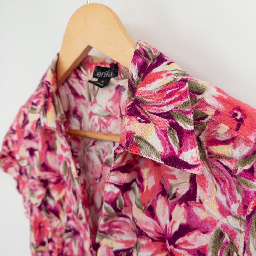Vintage Y2K Erika Floral Button Down Shirt Womens L Pink 90s Cropped Tropical - Picture 6 of 8